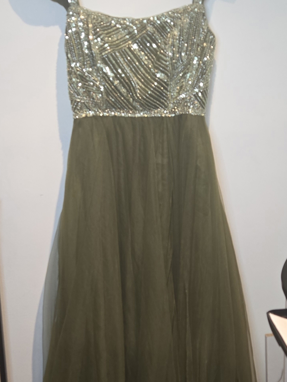 Girls Olive Green Sequin Bodice Tulle Dress